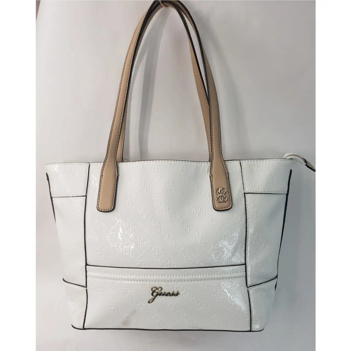 Guess Reiko Logo Print Tote Bag/purse White/cream Embossed Logo