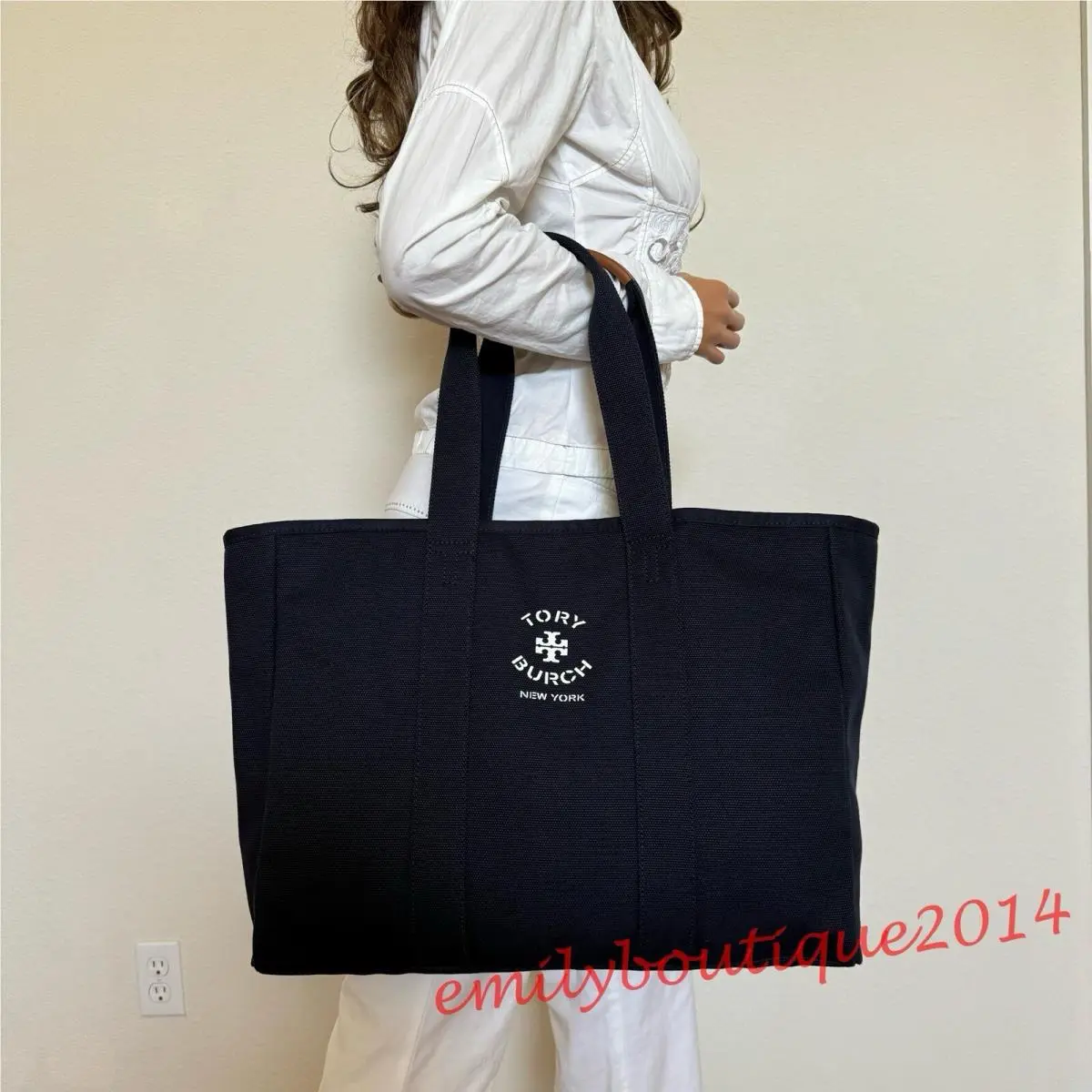 Tory Burch 156476 Canvas Tote Warm Night Midnight Blue Navy Large Logo Bag