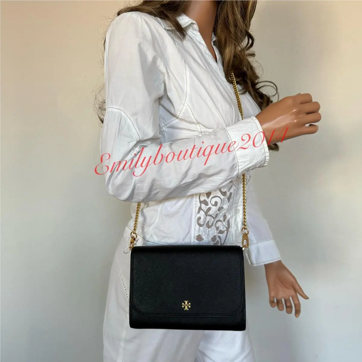 Tory Burch 136093 Emerson Chain Wallet Saffiano Leather Black Bag Messenger