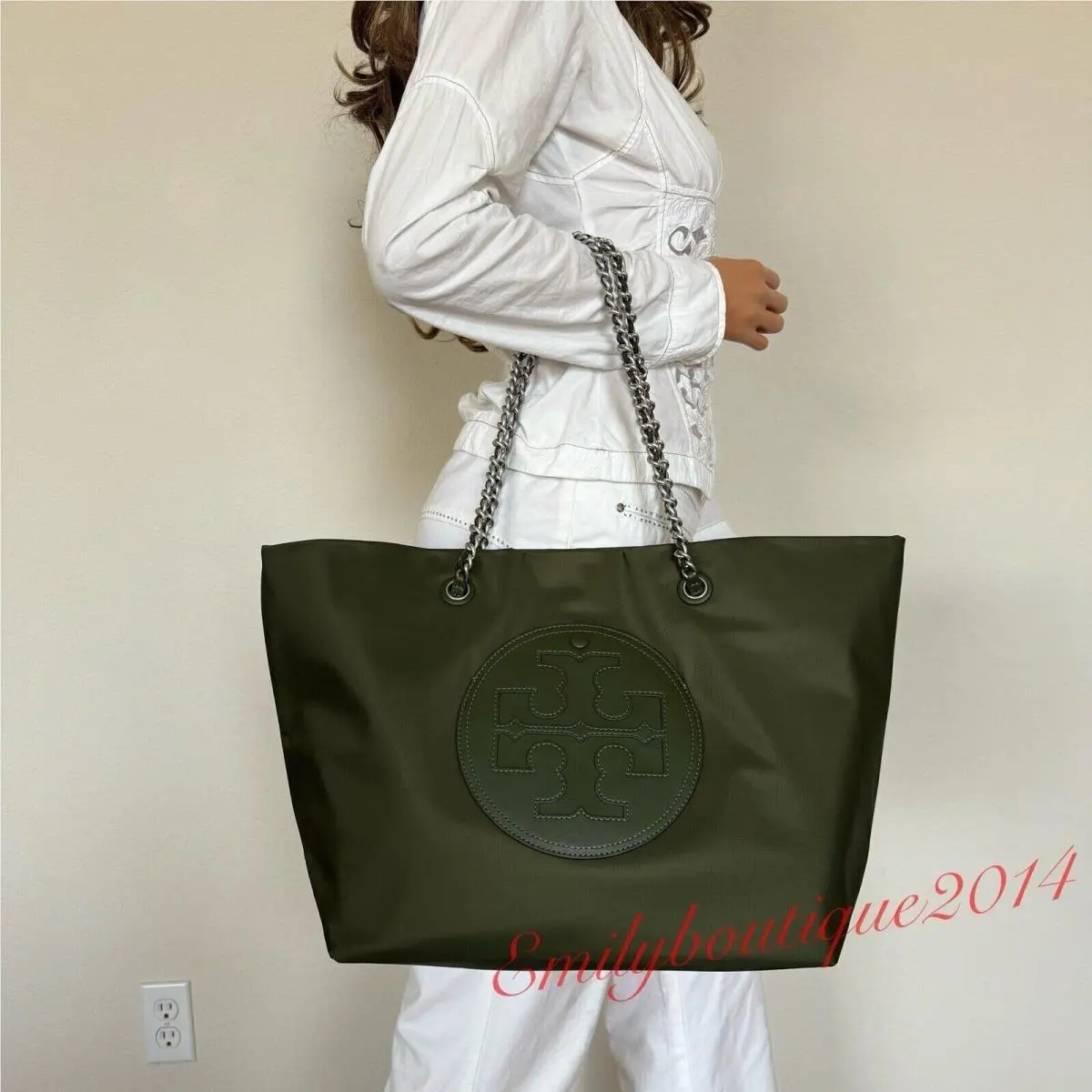 Tory Burch 152313 Ella Chain Nylon Tote Olive Green Large Shoulder Bag