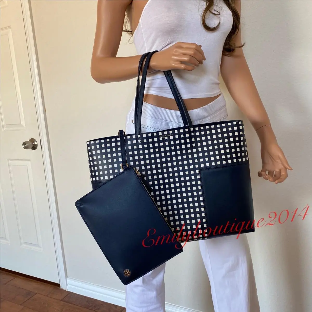 Tory Burch 73107 Block-t Tote Royal Navy Blue Leather Shoulder Bag Zip Pouch