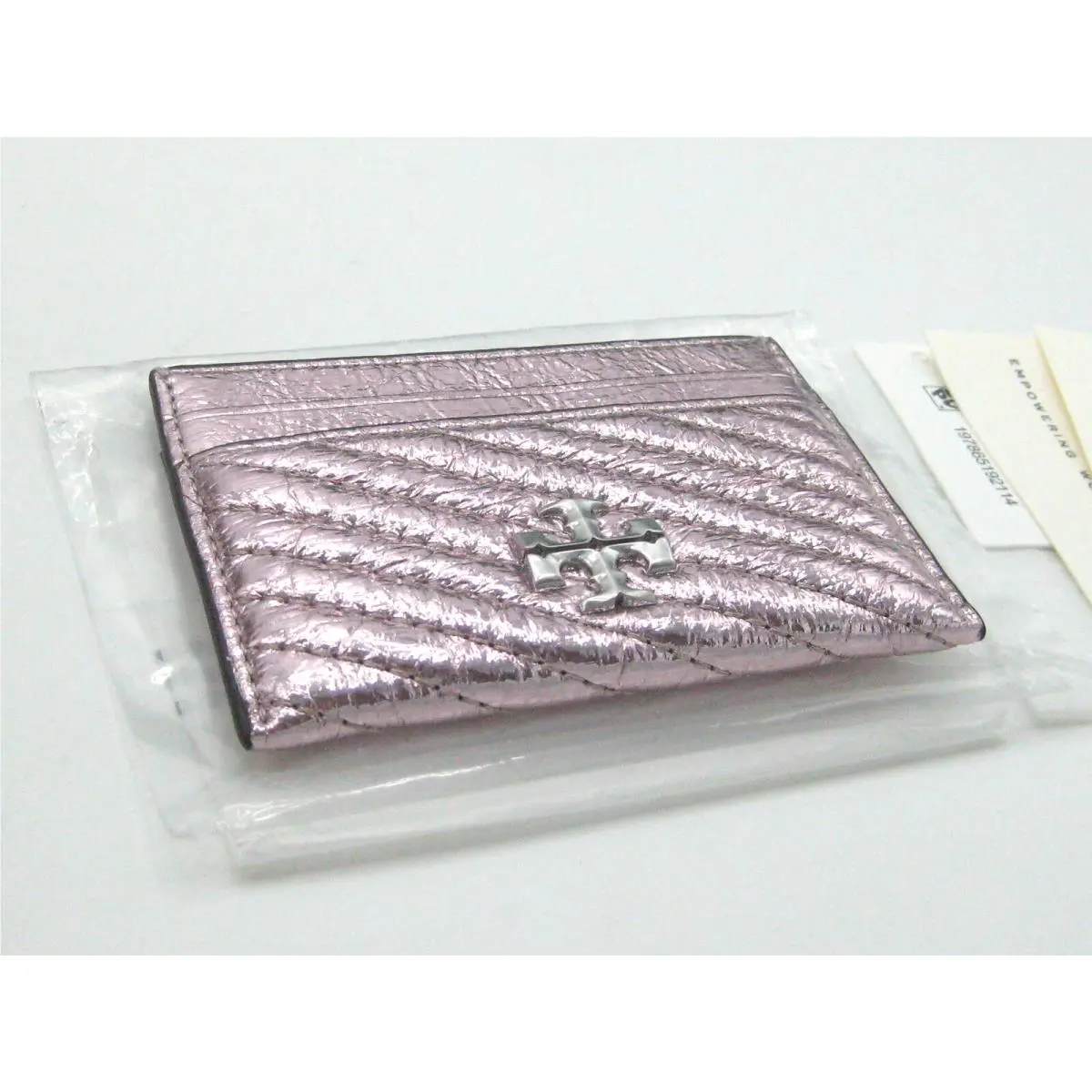 Tory Burch Kira Moto Quilt Metallic Leather Card Case Sparkle Pink Orig. Pkg