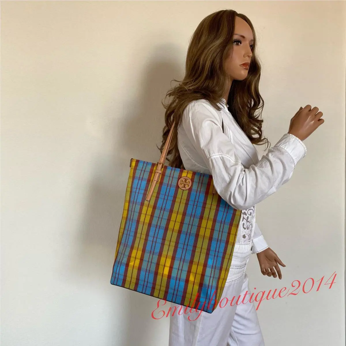 146431 Emerson Mesh NS Market Tote Miami Vacation Beach Plaid Bag by Tory Burch
