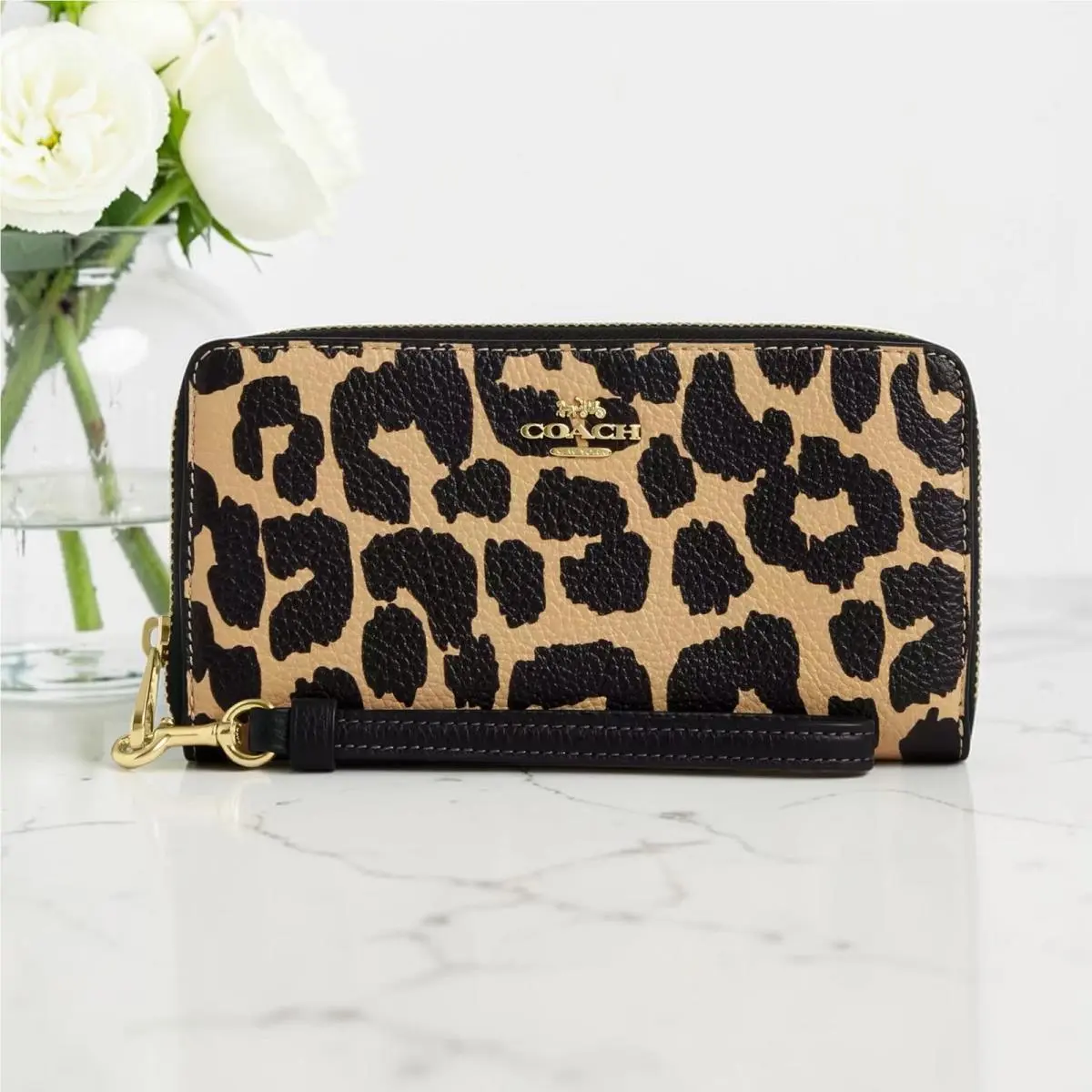 Long Zip Around Leather Wallet with Leopard Print CBT24 by Coach
