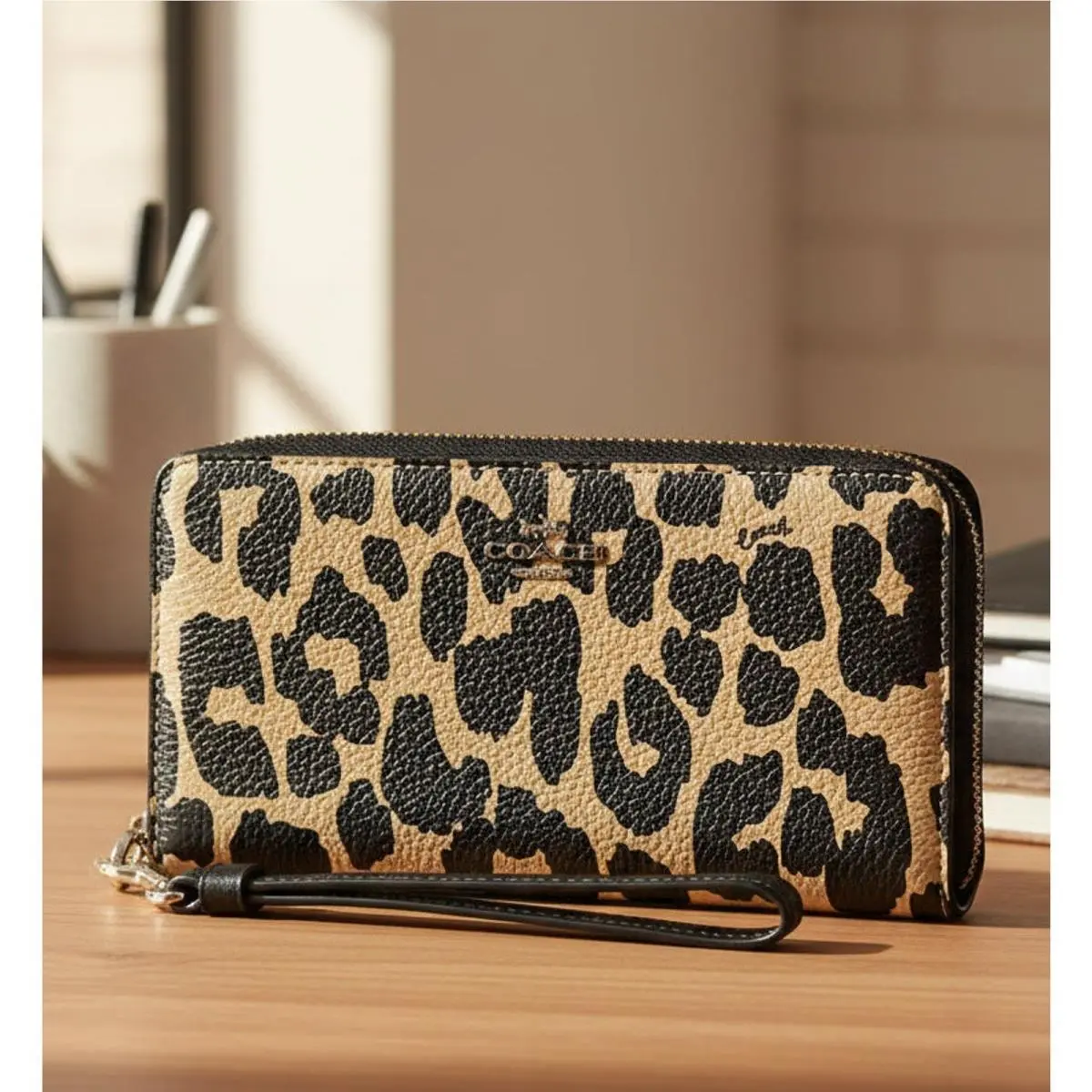 Coach Long Zip Phone Wallet CBT24 Leopard Brown Pebbled Leather