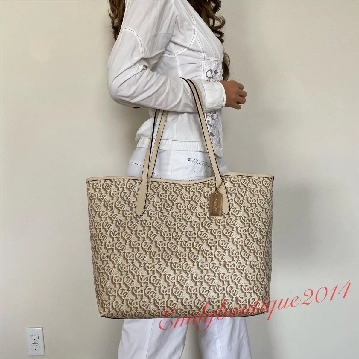 Coach CF342 City Tote with Monogram Print in Canvas Leather Gold Chalk Bag