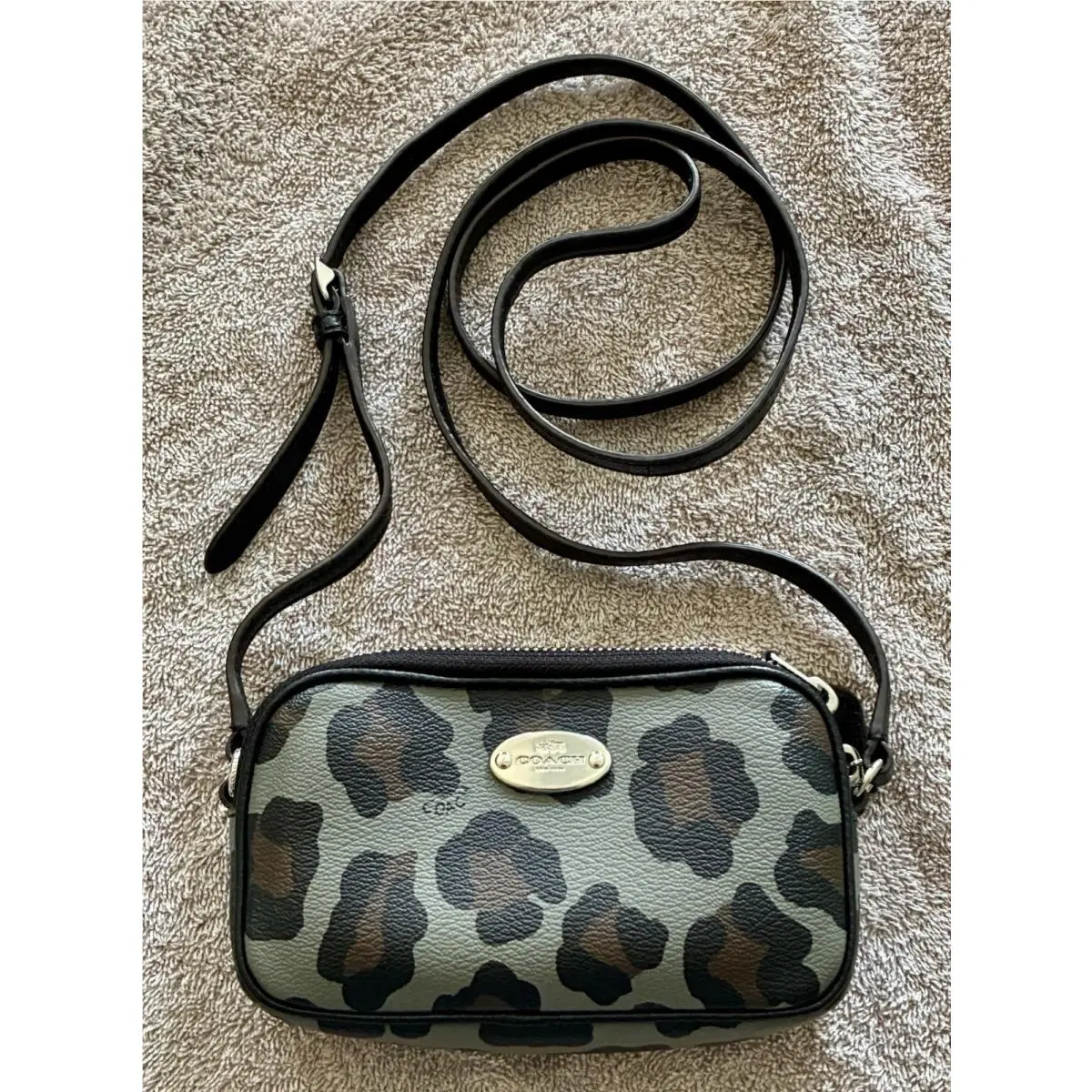 Coach Gray Ocelot Cheetah Animal Leopard Double Zip Leather Crossbody Bag Purse