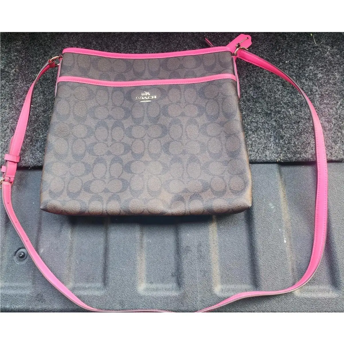 Coach File Bag Brown/hot Pink Lined Signature Coated Canvas Crossbody F23866