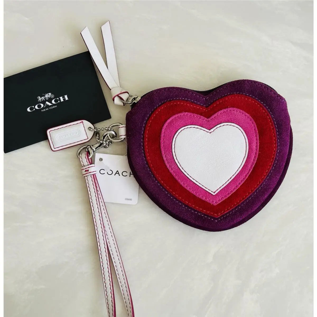 Coach Valentine Suede Leather Purple/pink Heart Wristlet 6594