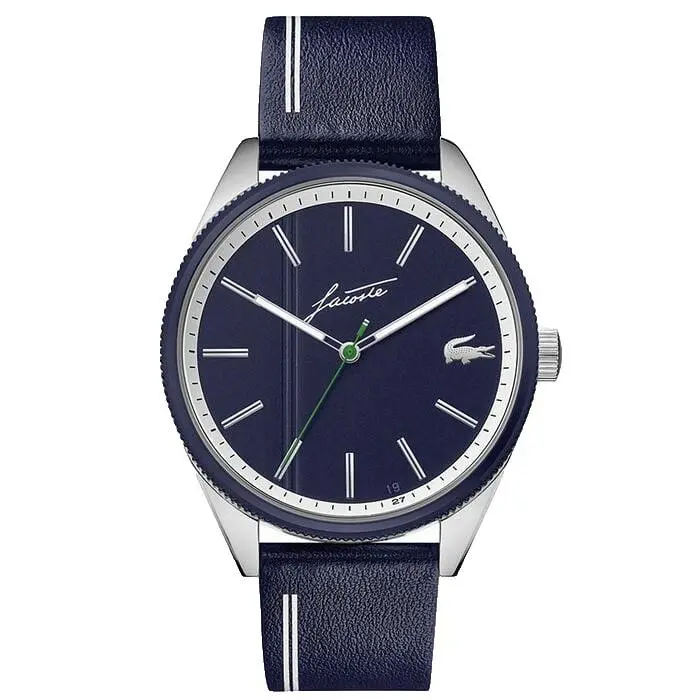 Lacoste Heritage 2011051 Navy Blue Dial Navy Blue Leather Strap 42MM Mens Watch - Dial: Navy Blue, Band: Navy Blue, Bezel: Green