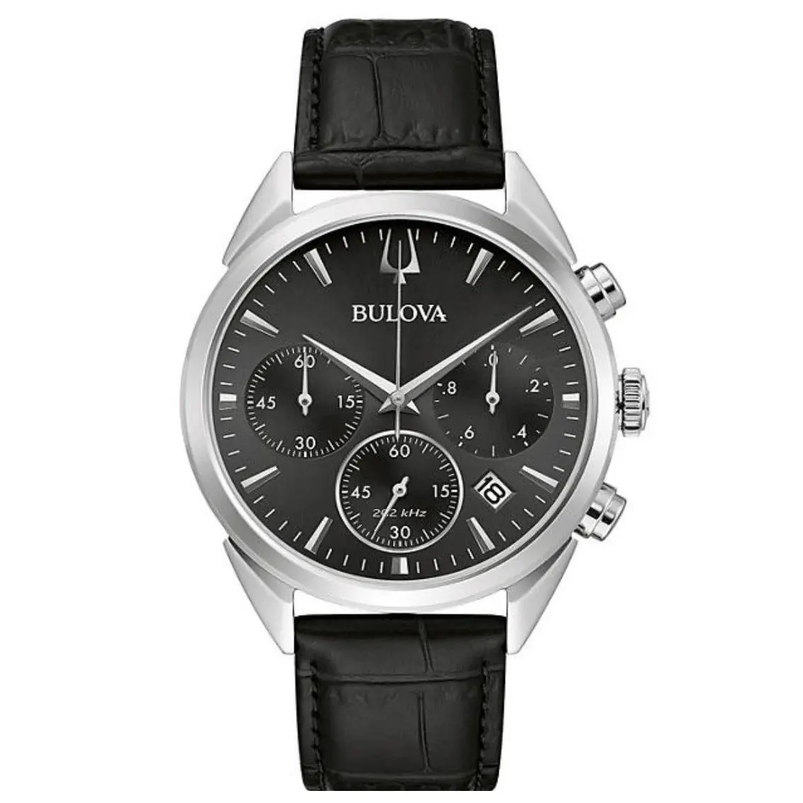 Bulova 96B403 Sutton Collection Chronograph Date Leather Strap Men`s Watch - Dial: Black, Band: Black, Bezel: Silver