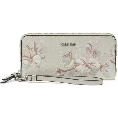 Calvin Klein Logo Floral Embossed Zip Around Wristlet Wallet Clutch Bag - Cream