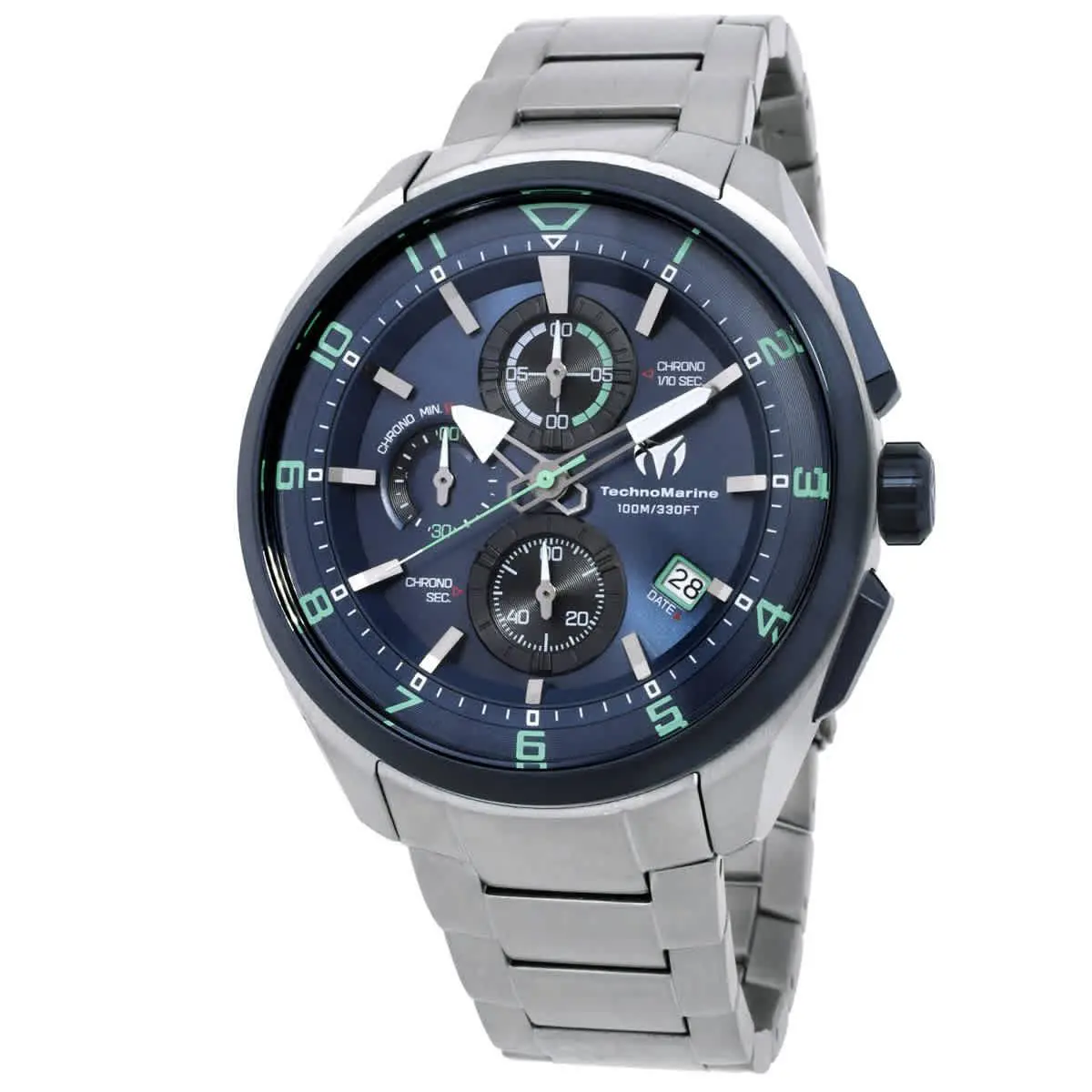 Technomarine Ocean Chronograph Quartz Men`s Watch TM-318117 - Dial: Navy Blue, Band: Silver-tone, Bezel: Two-tone (Steel and Blue)