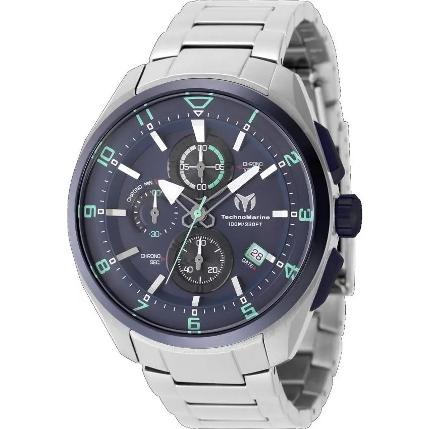 Technomarine Ocean Quantum Men`s 44mm Blue Steel Chronograph Watch TM-318117 - Dial: Black, Blue, Green, White, Band: Silver, Bezel: Blue, Silver