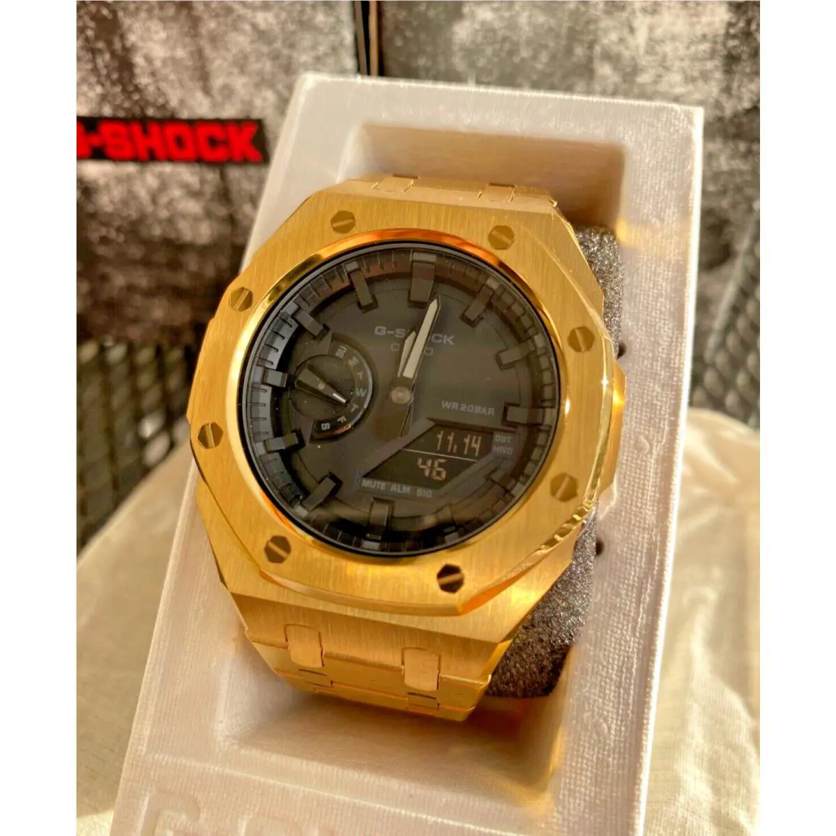 G-shock GA2100 Added Stainless Steel Bracelet Gold Silver Black White Gold Bracelet, Black Dial by Casio