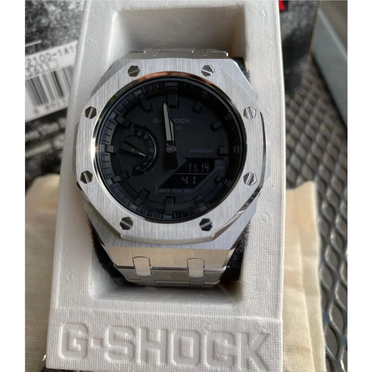 G-shock GA2100 Added Stainless Steel Bracelet Gold Silver Black White Silver Bracelet, Black Dial by Casio