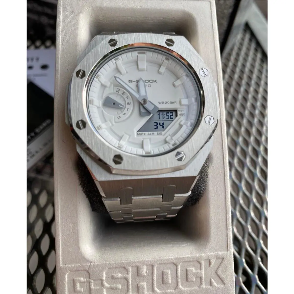 G-shock GA2100 Added Stainless Steel Bracelet Gold Silver Black White Silver Bracelet, White Dial by Casio