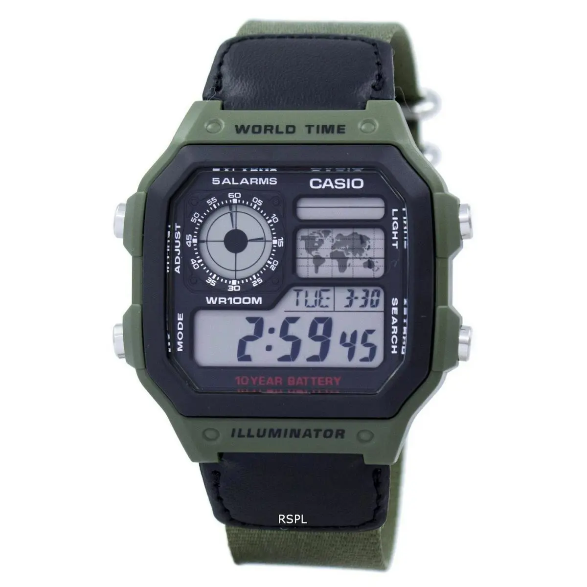 Casio AE1200WHB-3BV Digital World Map Alarm Backlight 100M Men`s Watch