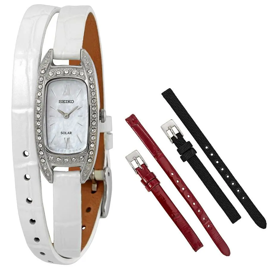 Seiko SUP391 Solar Mother of Pearl Dial Crystal Bezel Leather Band Ladies Watch - Dial: Mother-of-pearl, Band: White, Bezel: Silver