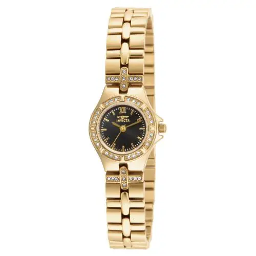 Invicta Women 21.5mmWildflower Collection Crystal Accented SS Bracelet 50m Watch - Steel, Dial: Black, Band: Gold