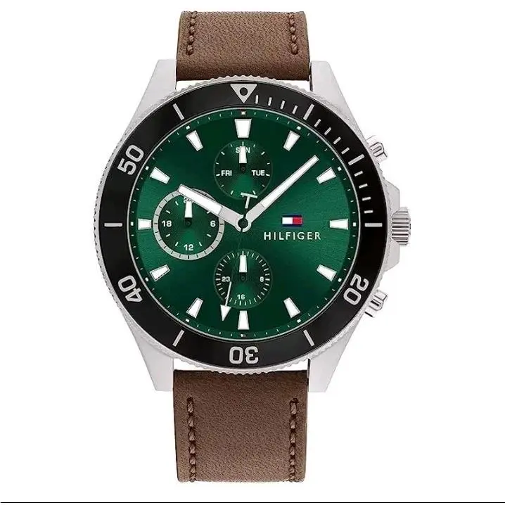 Men’s Watch Brown Leather Strap Green Dial 46mm 1791983 by Tommy Hilfiger