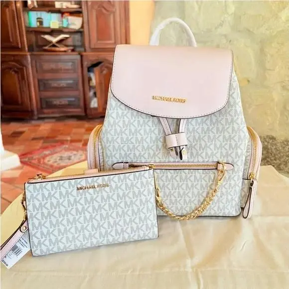 Jet Set Medium Chain Backpack / Wallet Powder Blush Option Bundle 2Pcs by Michael Kors