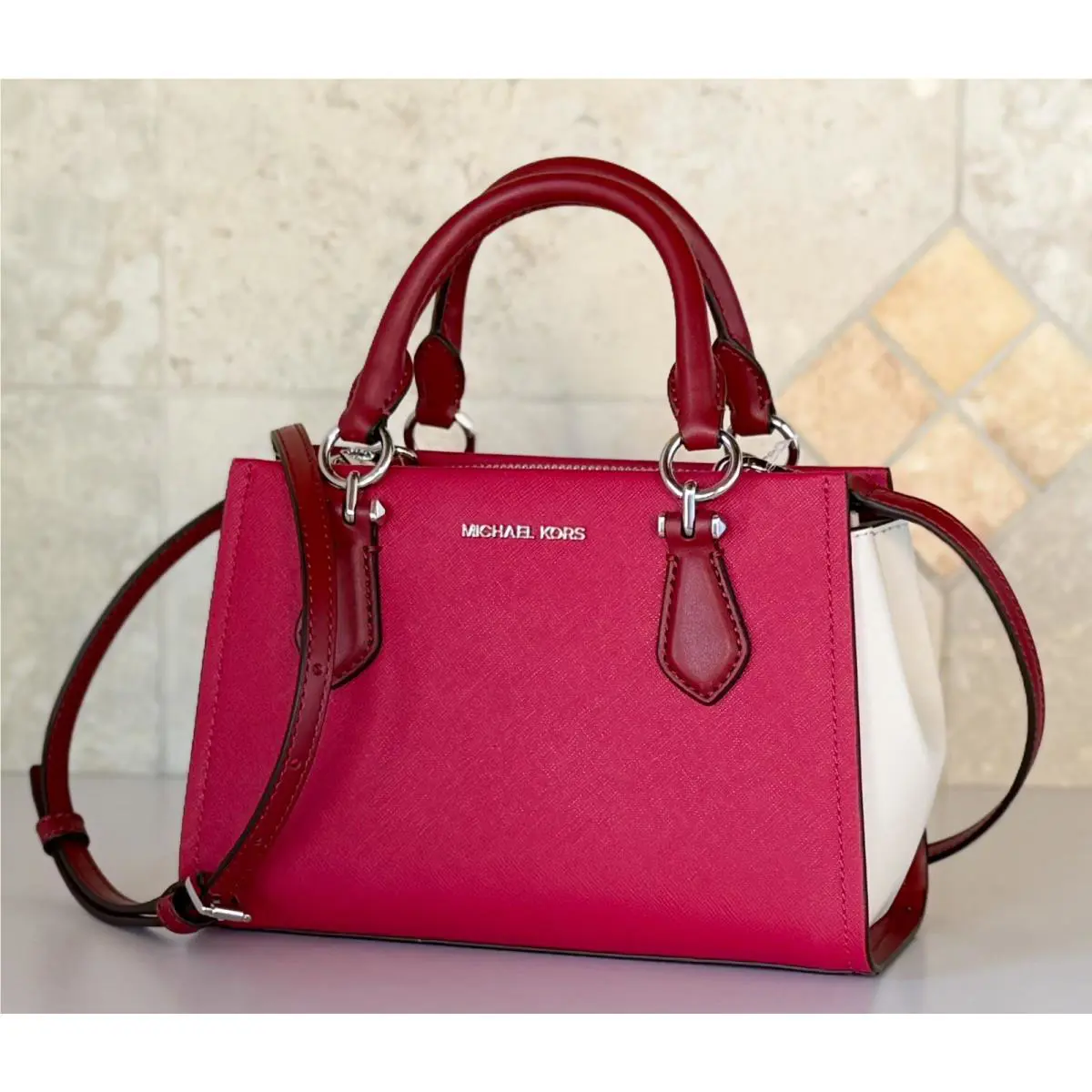 Michael Kors Marilyn Small Satchel Shoulder Bag Color-block Dark Raspberry Multi