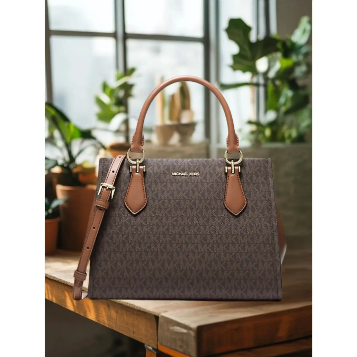 Marilyn Women Medium MK Logo Convertible Satchel Purse Bag Brown by Michael Kors