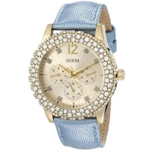 Waterpro Blue Leather Strap Gem-set Bezel Women`s Watch U0336L6 by Guess