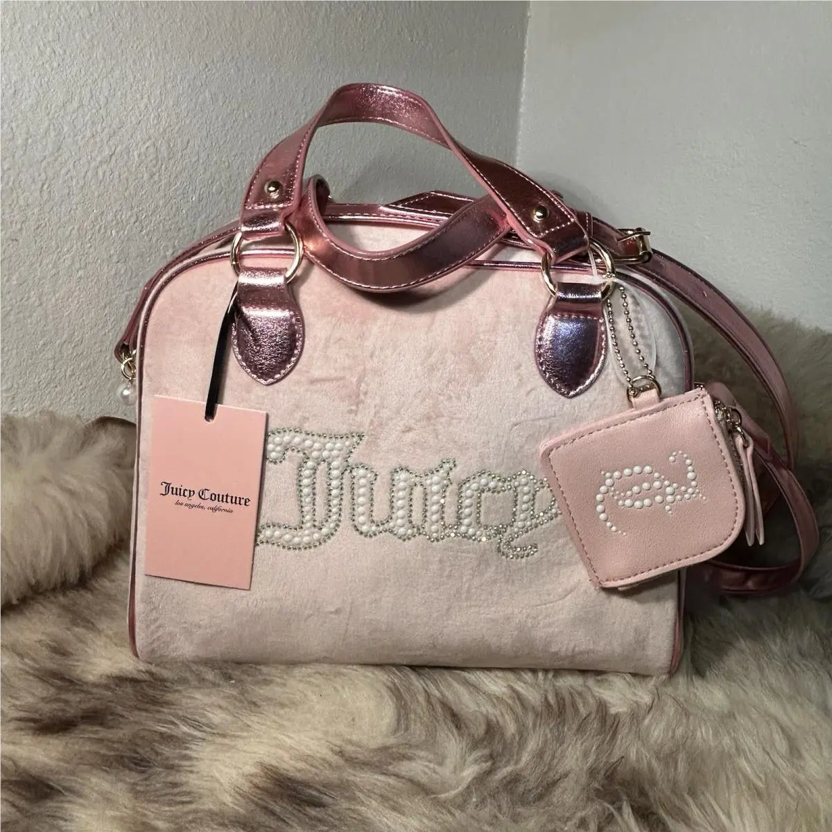 Juicy Couture String Of Pearls Satchel / Crossbody - Pink Diamond Velour