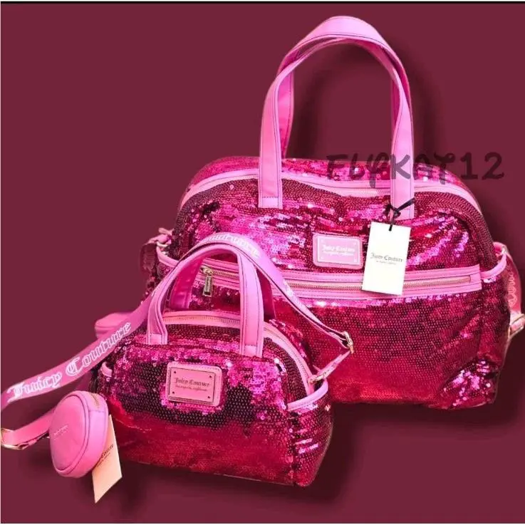 Juicy Couture Pink Sequins Satchel Handbag Tote Weekender Overnight Bag Bundle
