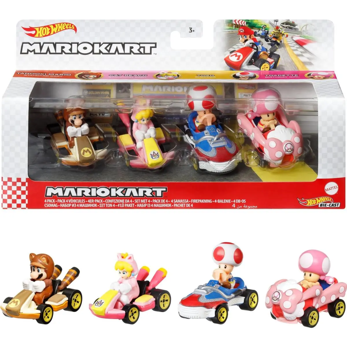 Mario Kart 4-Pack Collectible Set of 4 Toy Vehicles with Tanooki Mario Cat