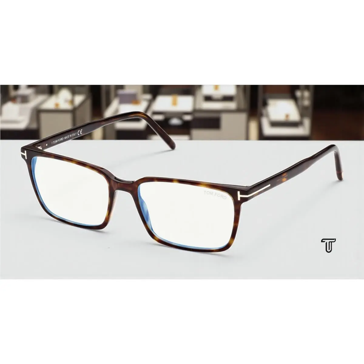 FT5802-B 052 Rectangular Dark Havana Blue Block 53 mm Men`s Eyeglasses by Tom Ford