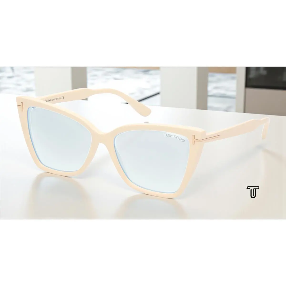 Tom Ford FT5844 B 025 Injected Ivory Blue Block Lens 55 mm Women`s Eyeglasses