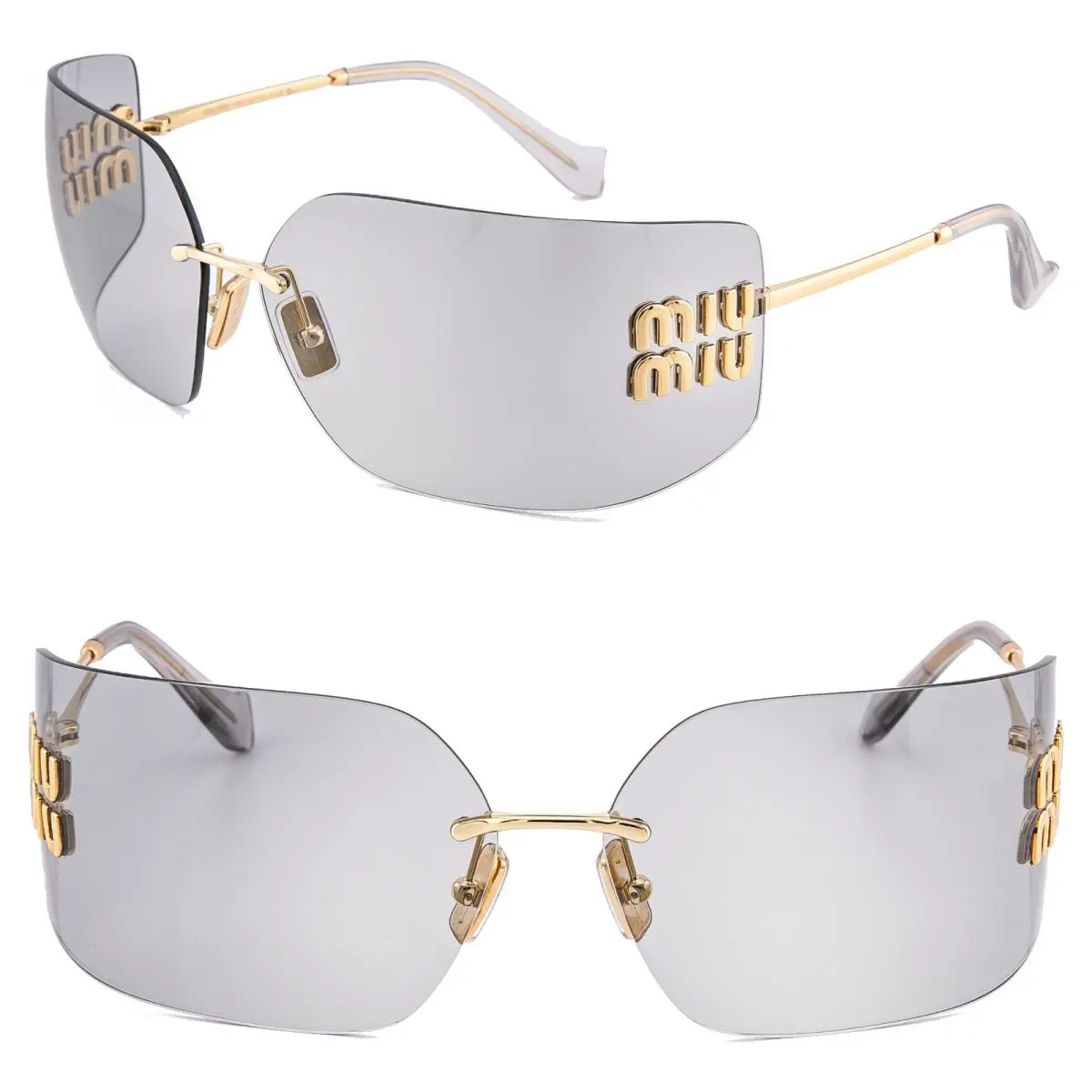 Miu Miu Aube MU54YS 54Y Gold Gray Silver Mirror Mask Wrap Logo Iconic Sunglasses