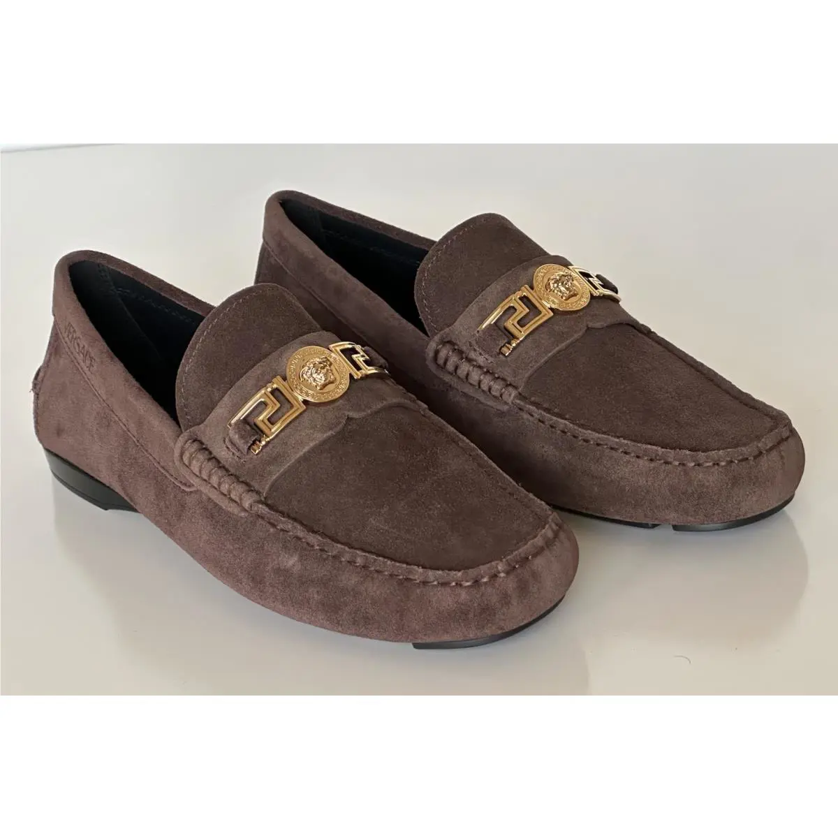 Versace Gold Medusa Men`s Brown Suede Driver Shoes 9 US 42 Euro 1009707