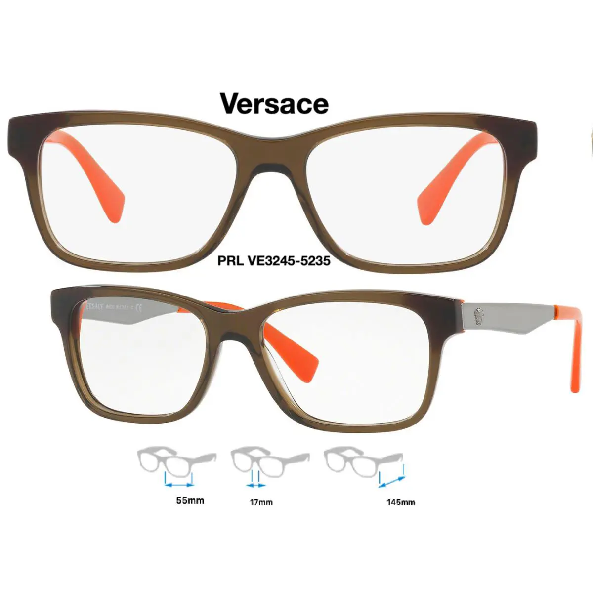 Versace VE 3245 5235 Unisex Eyeglass Frames Transparent Green/orange Size 55 mm