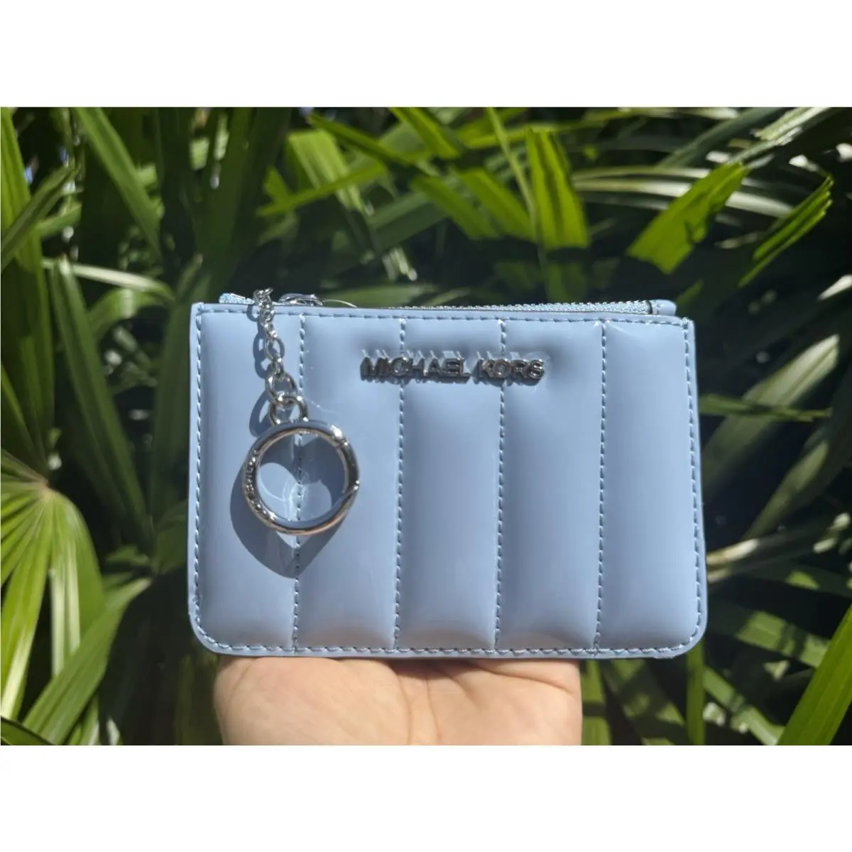 Michael Kors Jet Set Travel S Coin ID Key Holder Wallet Quilted Patent Light Sky