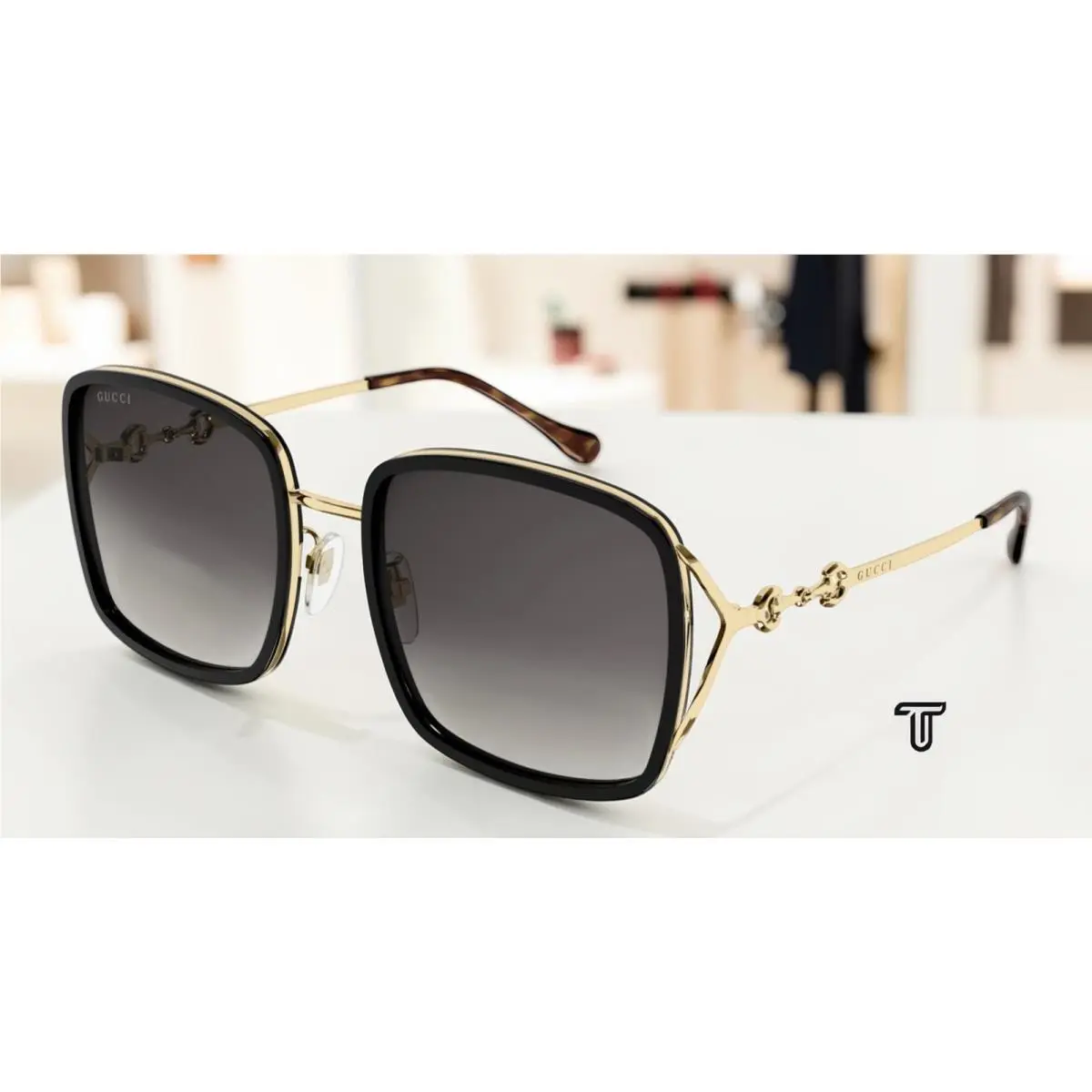 GG1016SK 001 Rectangular Injection Black Gold Grey 58 m Women`s Sunglasses by Gucci