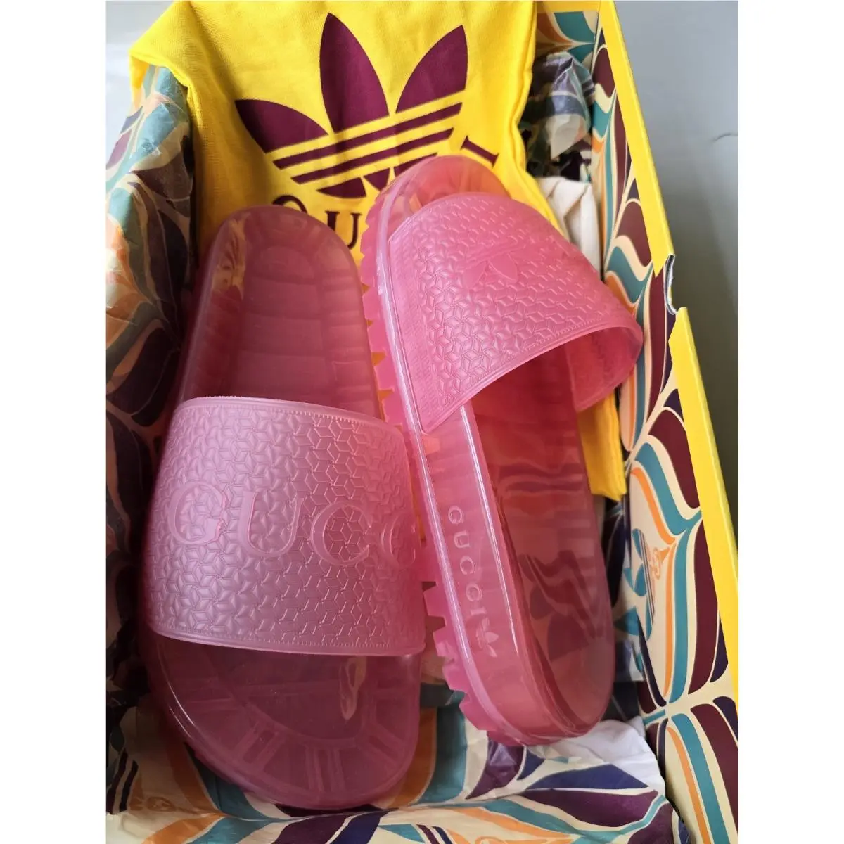 Gucci x Adidas Transparent Pink Rubber Logo Slides Platform Shoe Women’s 38 US 8