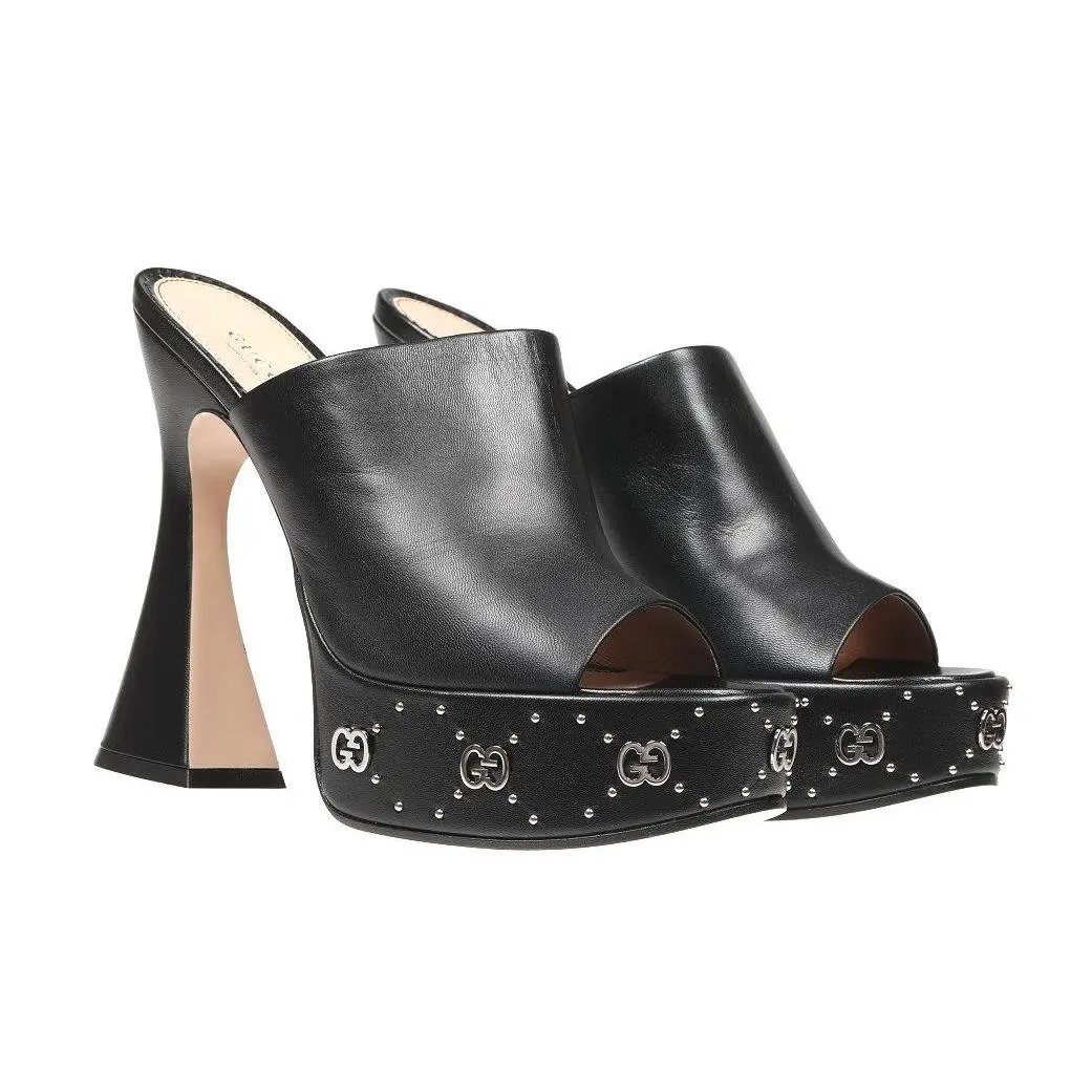 Luxury Black Leather GG Studs Platform Sandals Slides Shoes 40/US 10 by Gucci