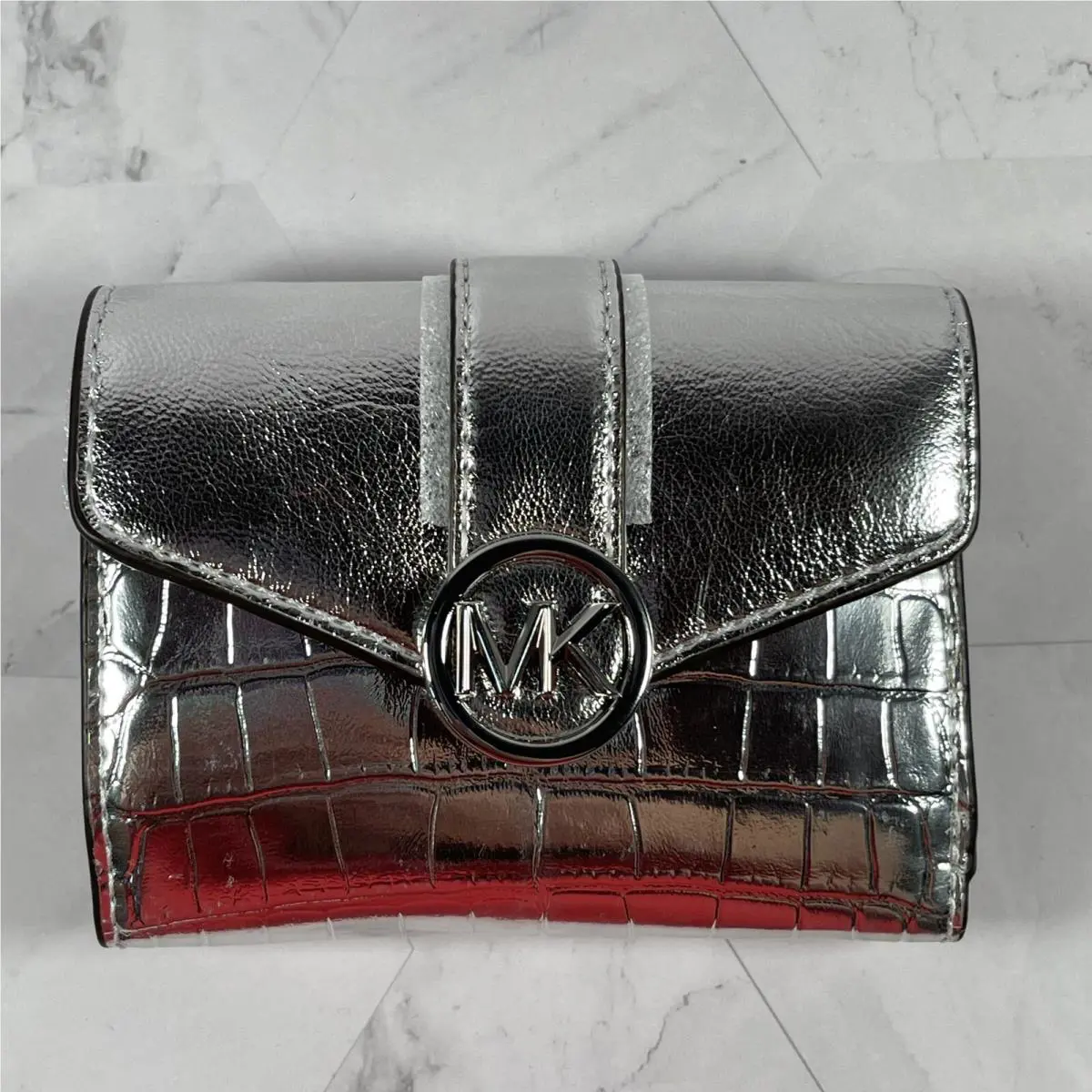 Michael Kors Carmen Medium Metallic Croc Embossed Trifold Envelope Womens Wallet