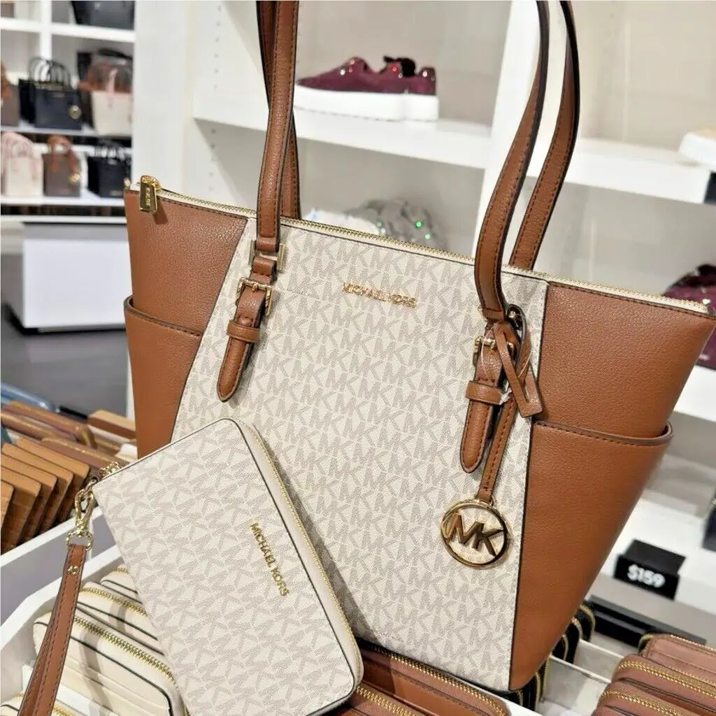 Michael Kors Charlotte Large Monogram Top Zip Tote MF Phone Wallet Vanilla