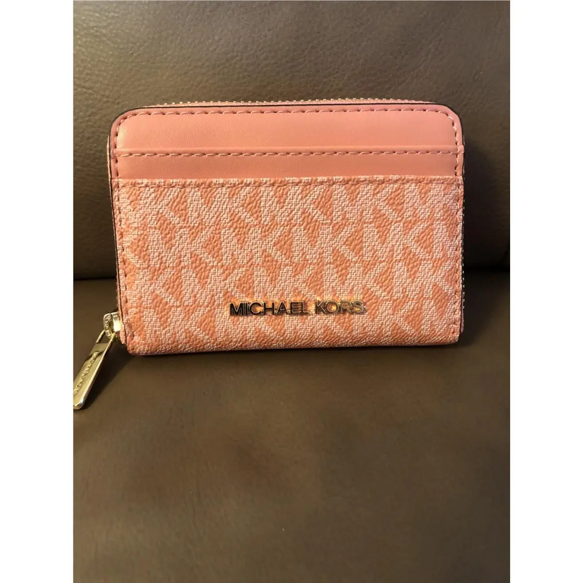 Michael Kors Zip Around Mini Wallet MK Canvas Pink with Golden Zip