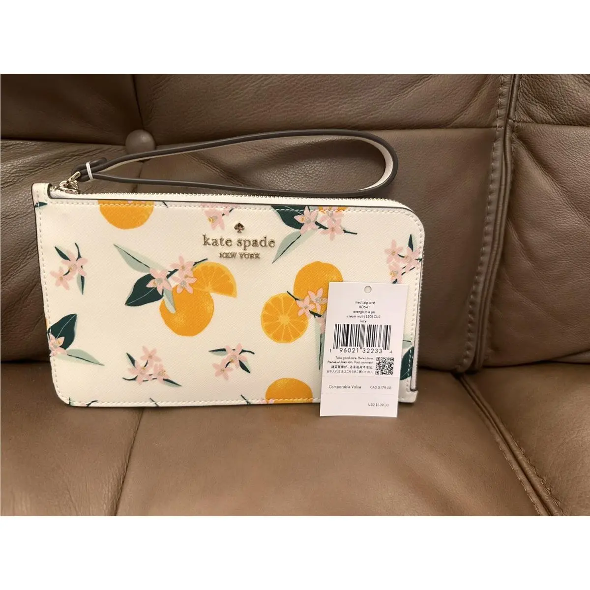 Kate Spade Medium I Zip Lucy Wristlet Orange Toss KD641 Cream Multi