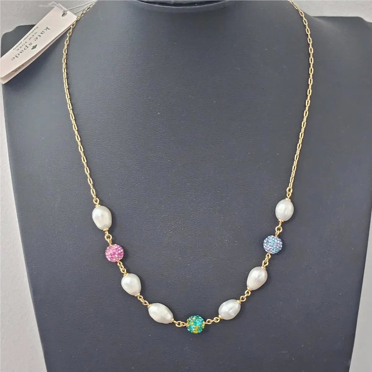 Kate Spade Freshwater Pearl Crystal Necklace Gold Tone Pink Blue Green 20