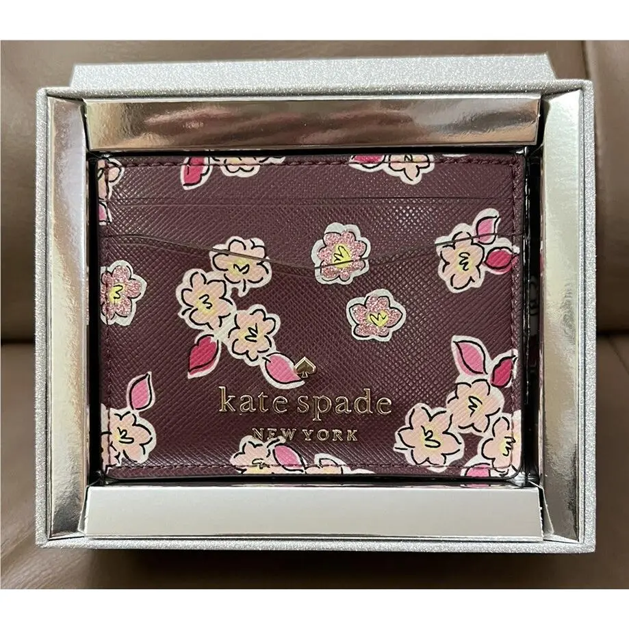 Kate Spade Boxed Small Card Holder Tinsel Frosted Floral Deep Berry K9299