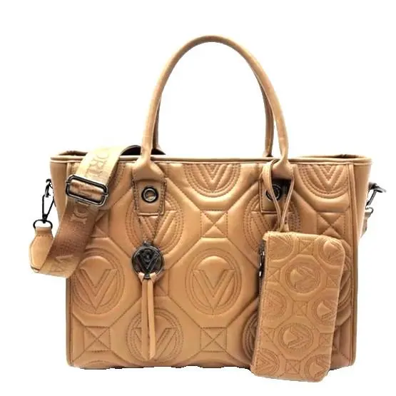Valentino Orlandi Caramel Brown Taupe Tote Quilt Stitch 14 Wallet Adj Strap