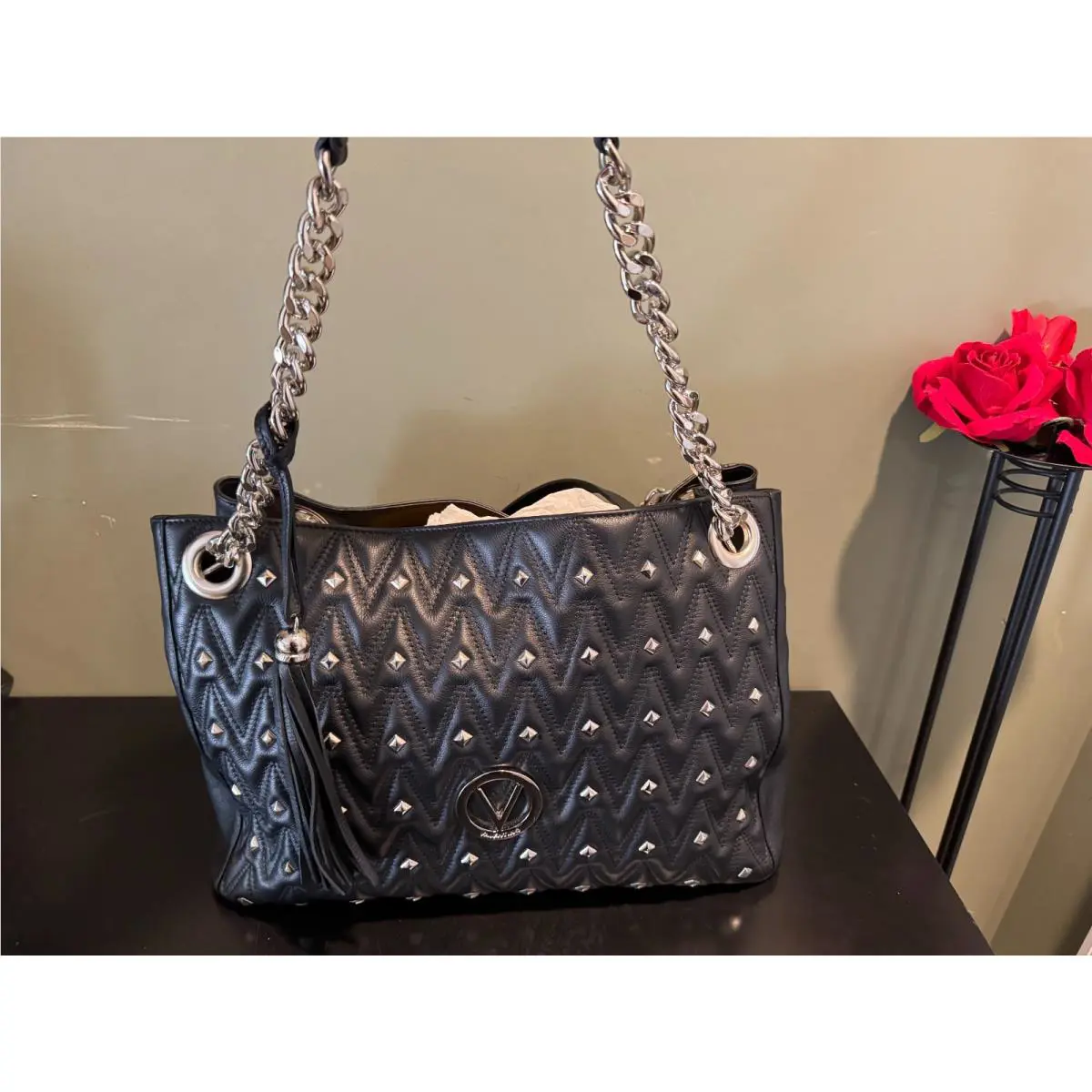 Valentino by Mario Valentino Luisa Studded Black Leather Shoulder Large Bag