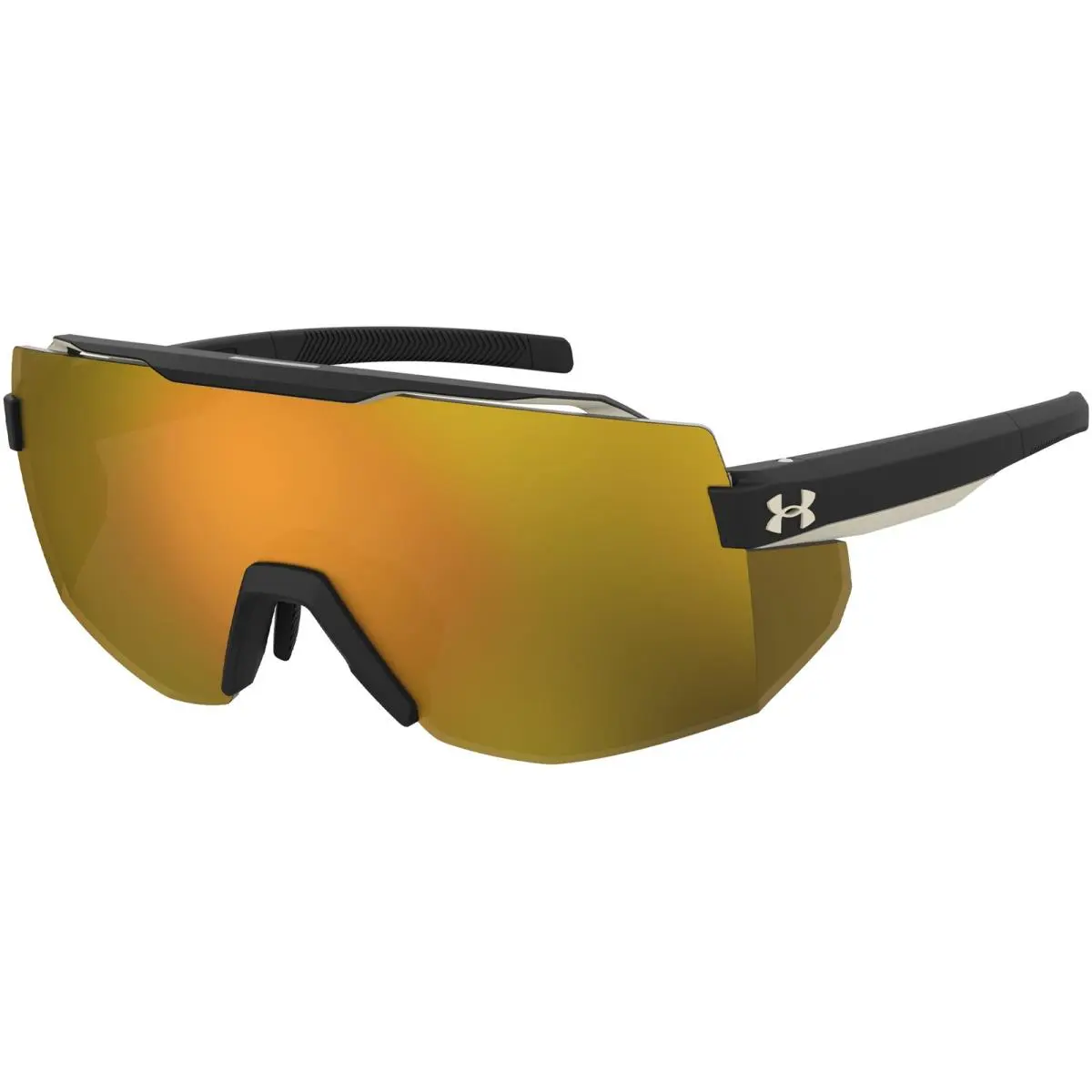 Squad Rimless Shield Sunglasses w/ Mirror Lens - Uasquad Black-Gold-Tone/Gold (02M2-2B) by Under Armour